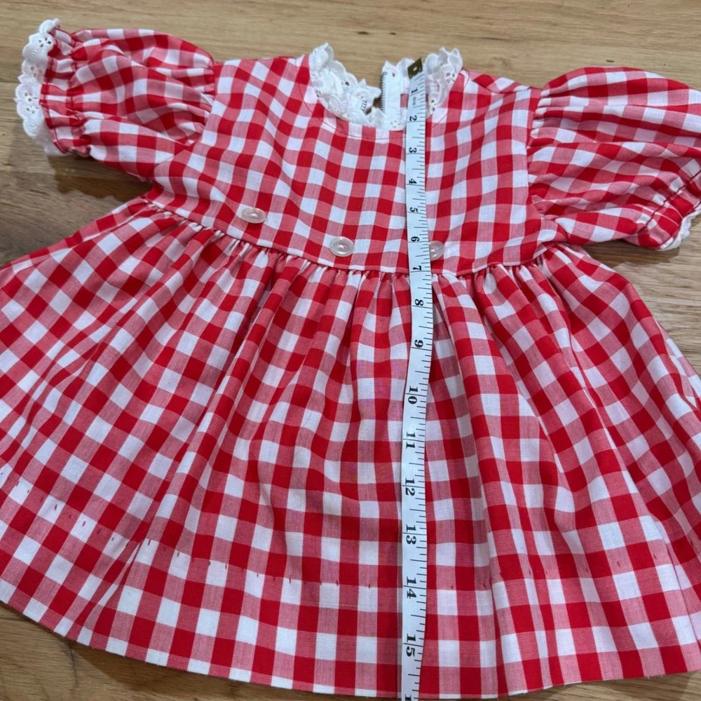 Vintage 90s Red Gingham Baby Dress w Detachable Apron Lace Trim Red White 12-18M